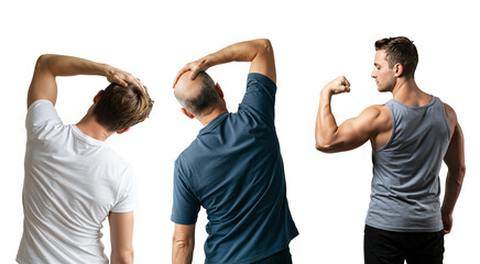 Three men from behind, two stretching their necks for pain relief and one athletic man flexing his bicep muscle. Male fitness and health concept on a transparent background.