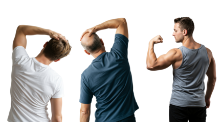 Three men from behind, two stretching their necks for pain relief and one athletic man flexing his bicep muscle. Male fitness and health concept on a transparent background.