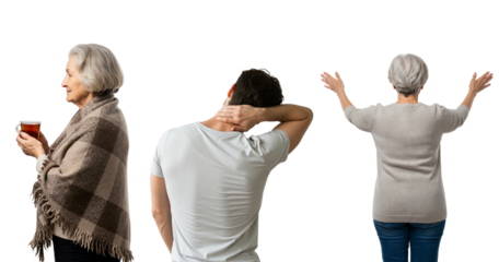 Collection of diverse people on a transparent background. An elderly woman with tea, a man with neck pain, and a senior woman with arms raised in celebration.