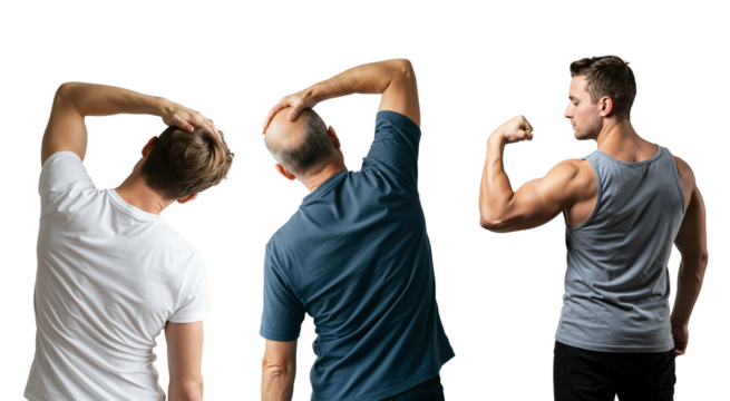 Three men from behind, two stretching their necks for pain relief and one athletic man flexing his bicep muscle. Male fitness and health concept on a transparent background.