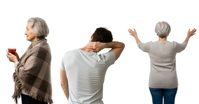 Collection of diverse people on a transparent background. An elderly woman with tea, a man with neck pain, and a senior woman with arms raised in celebration.