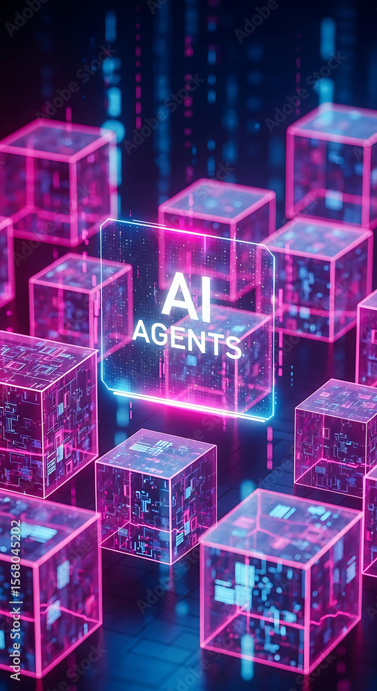 Poster futuristic representation of ai agents in digital neon cybernetic cube structures
