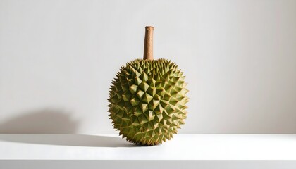 Whole durian fruit with spiky green skin, standing upright against a white background. Soft drop shadow and minimalist centered presentation.