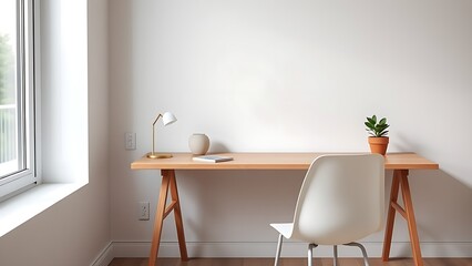 Scandinavian-inspired office space with a wooden desk, white chair, and potted plant by the window.