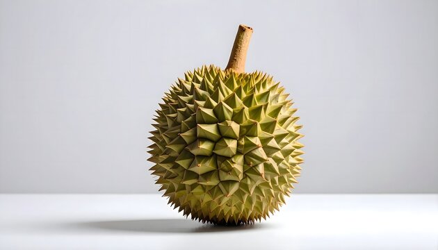 Whole durian fruit with spiky green skin, standing upright against a white background. Soft drop shadow and minimalist centered presentation. - Powered by Adobe