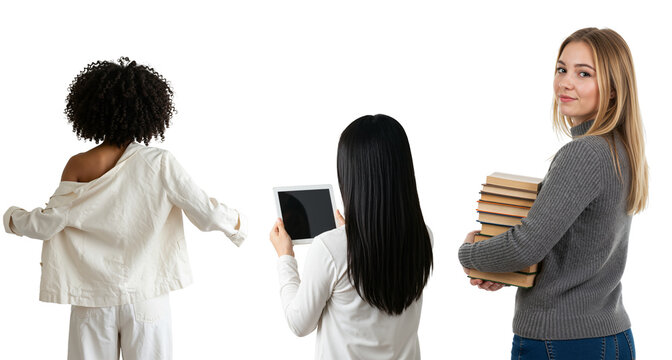 Three diverse female students with books and a tablet. Multiethnic group of young women representing education and learning. Isolated on a transparent background.