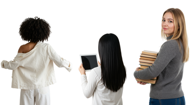 Three diverse female students with books and a tablet. Multiethnic group of young women representing education and learning. Isolated on a transparent background.