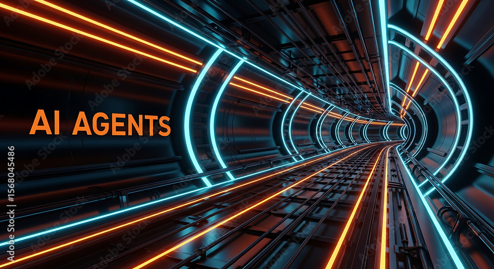Poster futuristic tunnel with glowing neon lights representing artificial intelligence agents