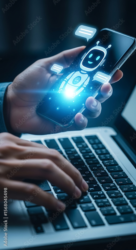 Poster hand using smartphone and typing on laptop interacting with ai chatbot for modern technology