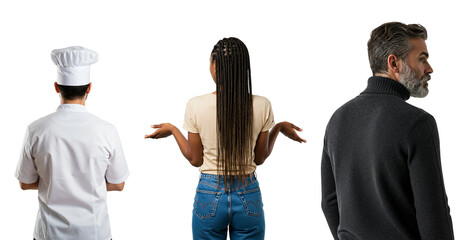 Rear view of a diverse group of people including a male chef, a young Black woman shrugging, and a senior man. Collage of different professions and people.