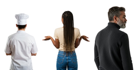 Rear view of a diverse group of people including a male chef, a young Black woman shrugging, and a senior man. Collage of different professions and people.