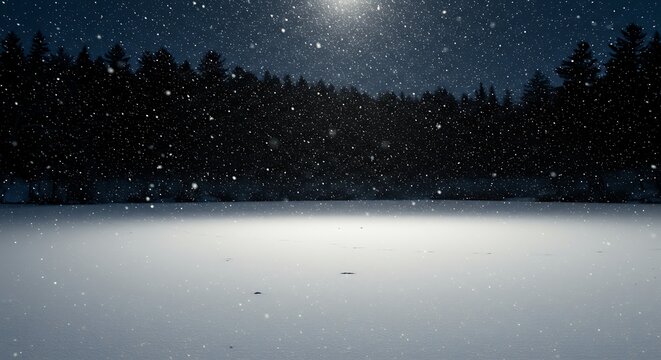 A beautiful winter scene showcases snowfall over a snow covered field with trees in the background under a dark blue night sky.