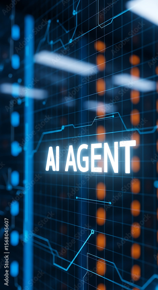 Poster illuminated ai agent text over abstract digital grid representing advanced technology