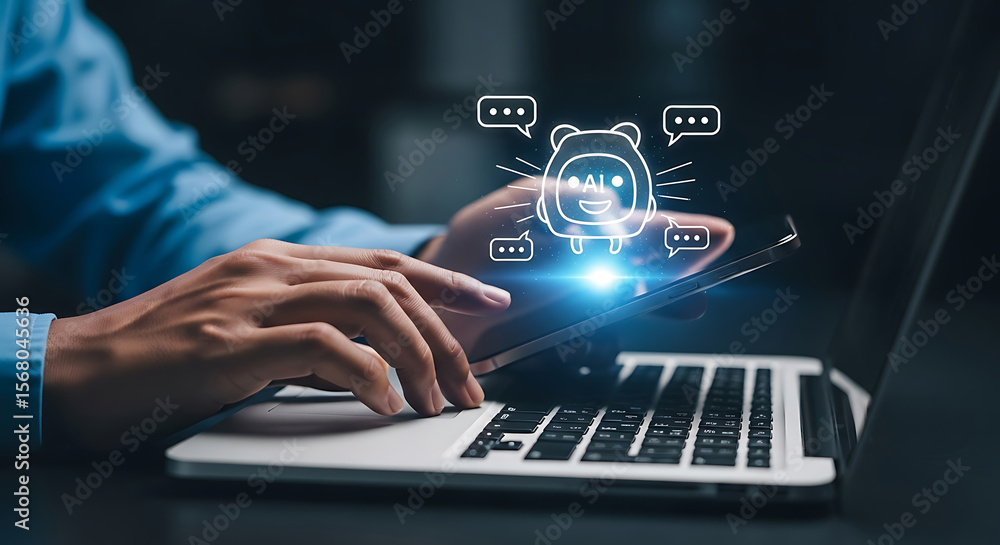 Poster man interacting with ai chatbot application on a laptop and a smartphone for customer support