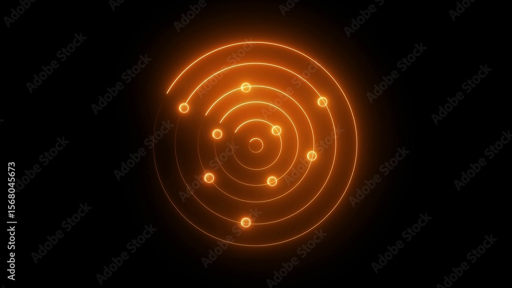 Poster glowing orange concentric circles with small circular dots on black background
