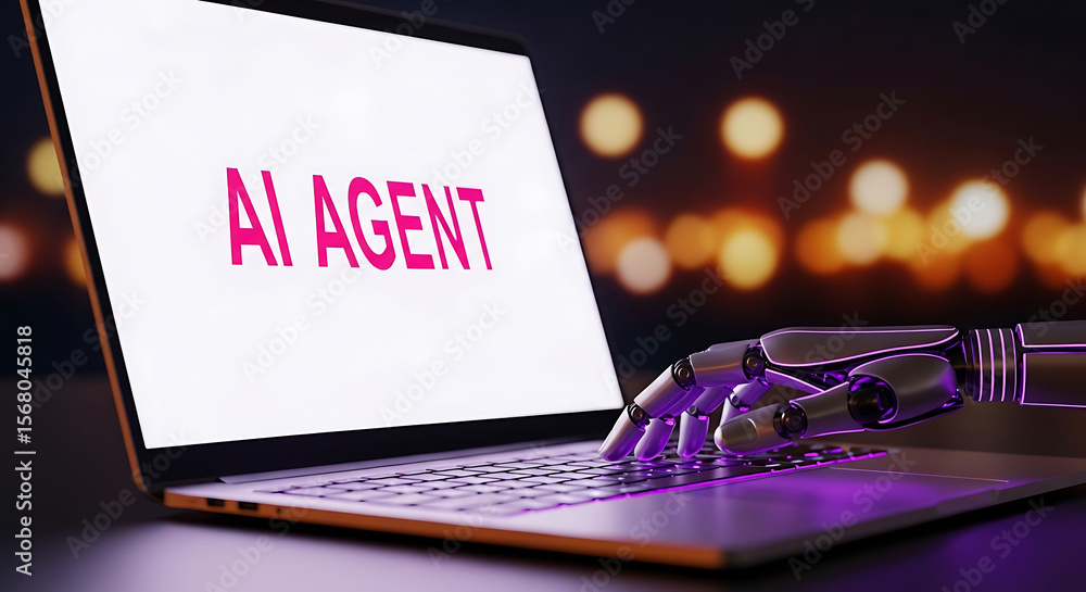 Poster robotic hand interacting with a laptop displaying ai agent concept for future technology