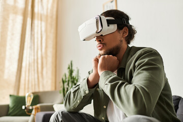 Young man immersed in virtual reality experience while relaxing at home during evening hours