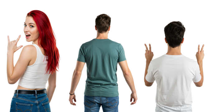 Set of young people from behind. A redhead woman looks back making a rock gesture, and a man makes peace signs with his hands.