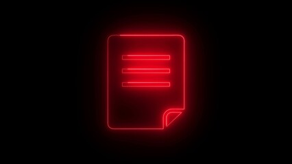 Red Neon Document Icon on Black Background file paper