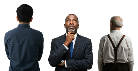 A pensive middle-aged Black businessman looks up thoughtfully, flanked by a young man and an older man with their backs turned, representing different generations.