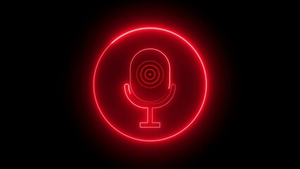 Red Neon Microphone Icon Inside Circle on Black Background