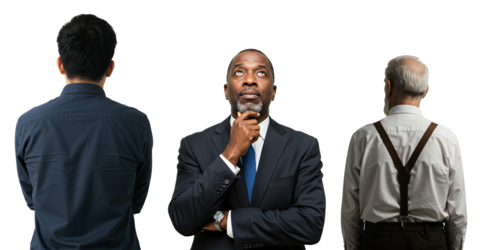 A pensive middle-aged Black businessman looks up thoughtfully, flanked by a young man and an older man with their backs turned, representing different generations.