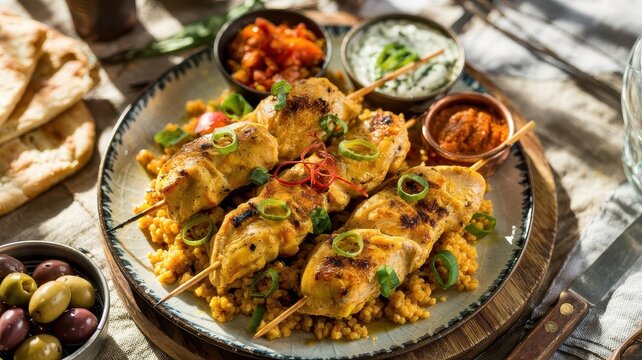 Saffron chicken skewers served on golden turmeric rice with charred edges, garnished with scallions and chili threads, accompanied by tzatziki and harissa sauces