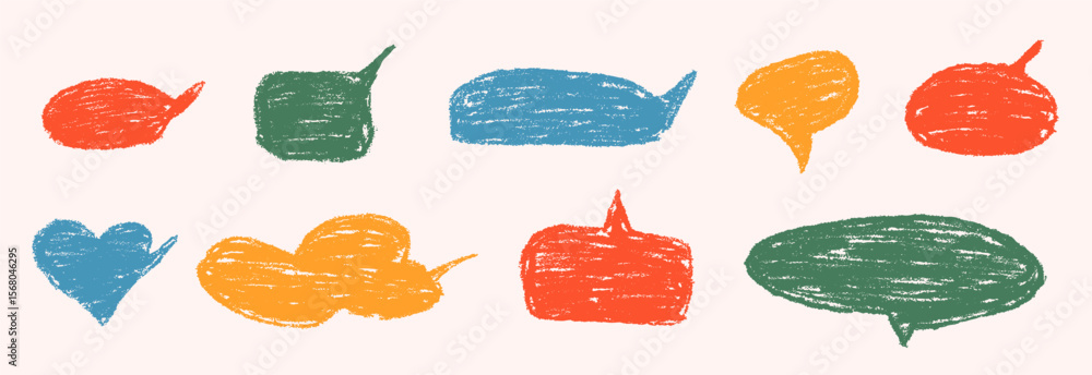 Aufkleber crayon dialog frame and speech bubble in trendy retro y2k colors in shape of cloud, circle and heart