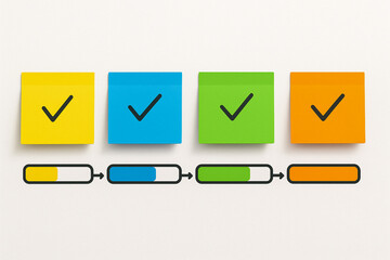 Colorful sticky notes with check marks and progress bars showing project workflow task completion timeline productivity tracking goal planning business management and work organization visuals