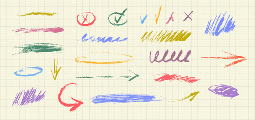 Set of handdrawn highlight underline with  crayon or chalk pencil texture. Check mark and arrows with grunge texture