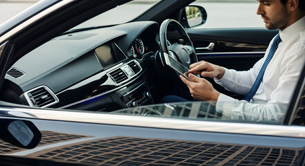Businessman Using Smartphone Inside Modern Car with Black Interior