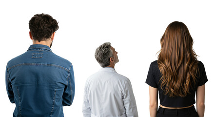 Rear view of a diverse group of people looking up. Young man, senior man, and young woman observing on a transparent background.