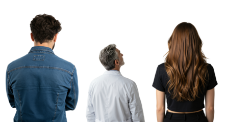 Rear view of a diverse group of people looking up. Young man, senior man, and young woman observing on a transparent background.