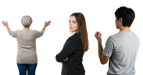 A diverse group of three people, an older woman with arms raised, a confident young businesswoman, and a determined Asian man, isolated on a transparent background.