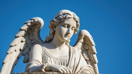 Obraz premium Memorial plaque placement. Empty base of a classical stone angel statue (shoulders down), intricate drapery details on the plinth, weathered white stone texture, clear blue sky background.