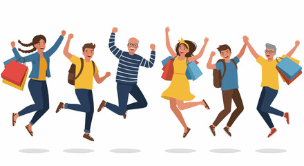 A diverse group of people exuberantly leaping with shopping bags in hand.