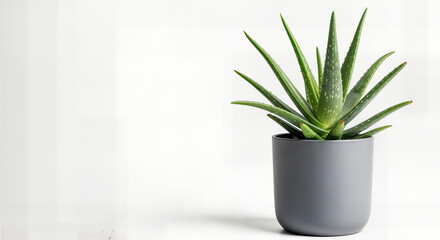 Modern Minimalist Aloe Vera Plant in a Stylish Grey Pot on a Bright White Background - Elegant Indoor Plant for Home Decor, Healing, and Oxygen Purification, Ideal for Contemporary Living Spaces