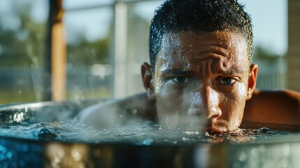 Athletic man relaxing in modern cooling vessel during therapeutic cold water immersion session with natural lighting