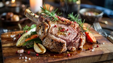 Pork chop rosemary rack presentation with pink peppercorns and herbs on wooden cutting board showing perfect medium rare doneness with natural juices