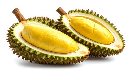 Fototapeta premium Whole durian cut open revealing golden creamy flesh inside. Isolated on white background with detailed texture and natural side-angle view.