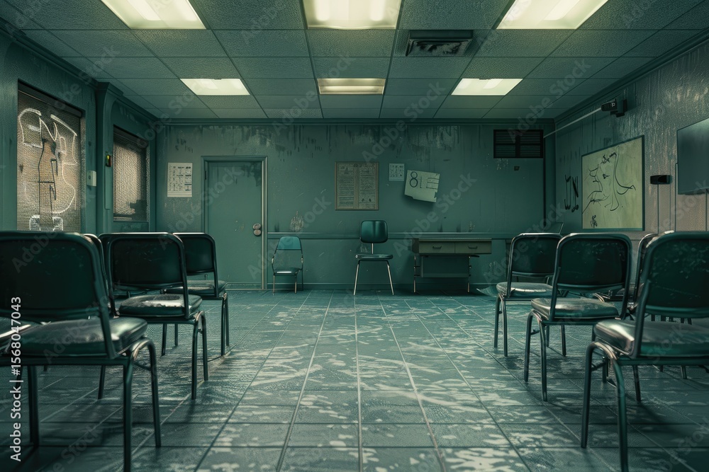Poster high quality visual of empty room with chairs and desks ready for use