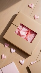 Gift box with hearts valentine's day present love romance packaging kraft box pink tissue paper
