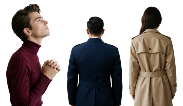 Young man praying with hope as a man and woman turn their backs. Concept of faith, departure, and different paths. Isolated on transparent background.