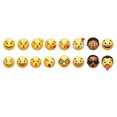 A collection of colorful and expressive emoticons conveys various moods and sentiments on white...