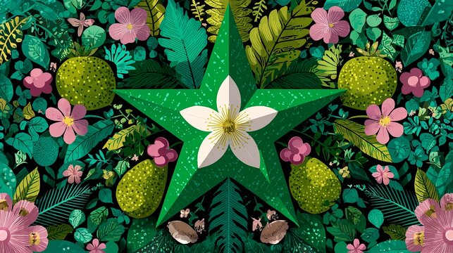 Esperanto star with tropical flowers and fruits