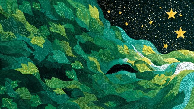 Esperanto stars in flowing green leaves at night