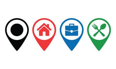 Location Markers Icons Set House, Job, Restaurant on Transparent Background, Isolated