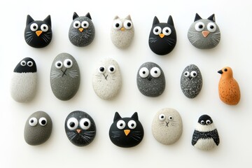 Fototapeta premium Cute painted stones with animal faces on white background