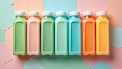 Pastel drinks bottles colorful juice smoothie beverage refreshment healthy organic vegan diet