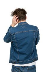 Rear view of a young Caucasian man in a denim jacket scratching his head. Confused or thoughtful person isolated on a transparent background.